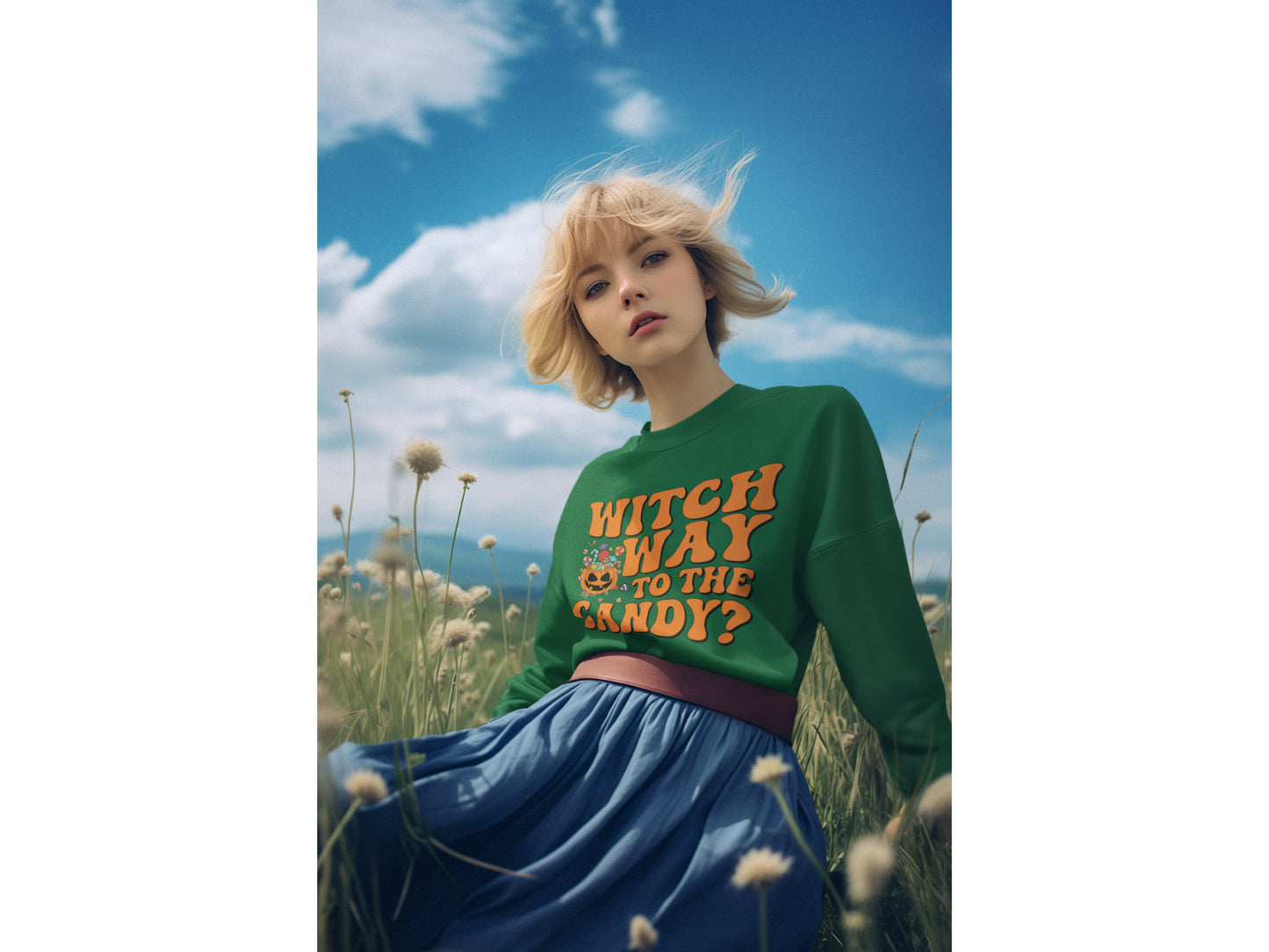 Witch Way to the Candy Halloween Sweatshirt – Bella+Canvas 3501 Unisex Pullover – Spooky Funny Fall Sweater (S–3XL, Multiple Colors)