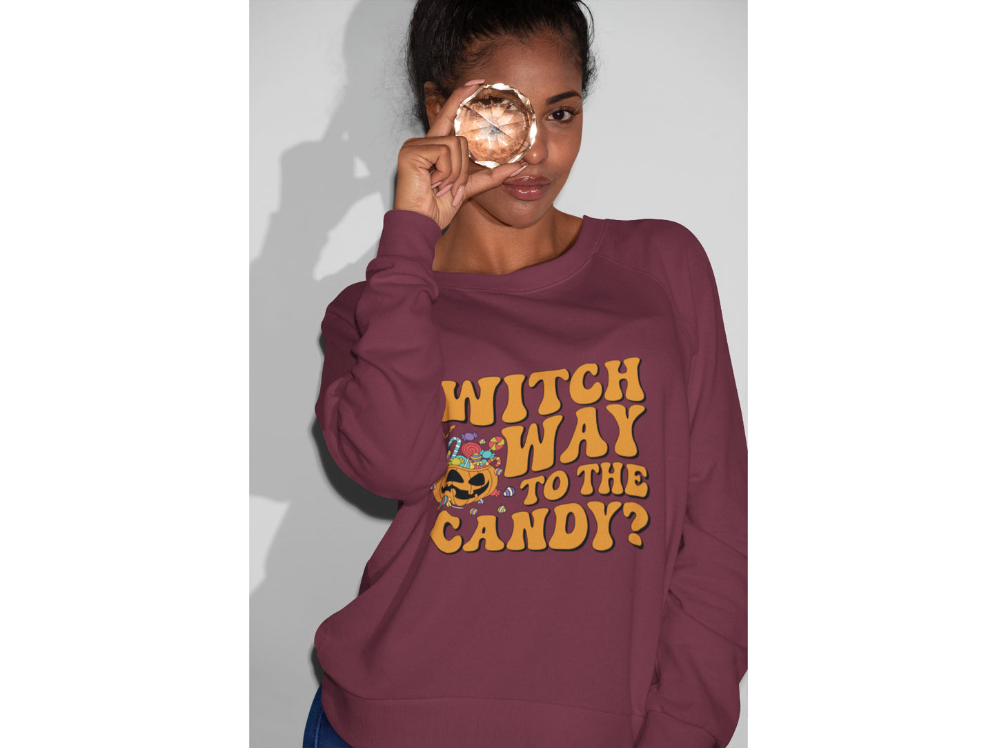Witch Way to the Candy Halloween Sweatshirt – Bella+Canvas 3501 Unisex Pullover – Spooky Funny Fall Sweater (S–3XL, Multiple Colors)
