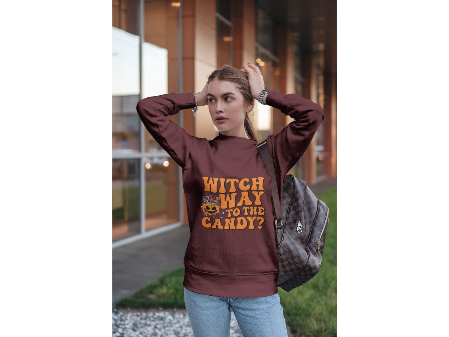 Witch Way to the Candy Halloween Sweatshirt – Bella+Canvas 3501 Unisex Pullover – Spooky Funny Fall Sweater (S–3XL, Multiple Colors)
