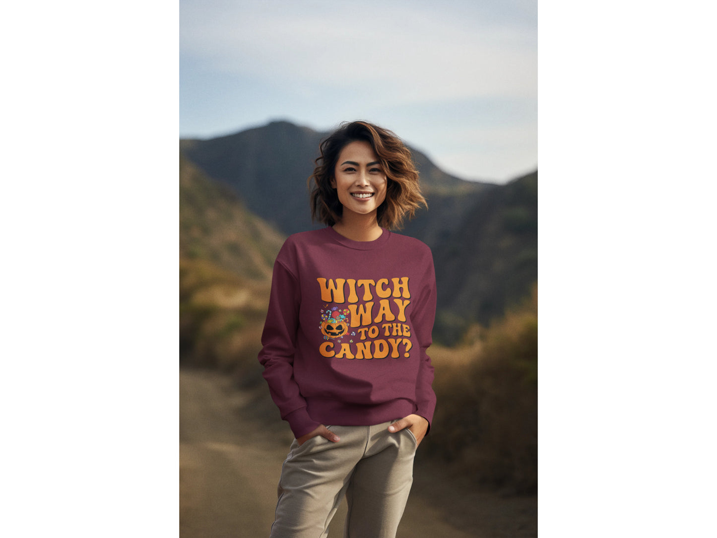 Witch Way to the Candy Halloween Sweatshirt – Bella+Canvas 3501 Unisex Pullover – Spooky Funny Fall Sweater (S–3XL, Multiple Colors)