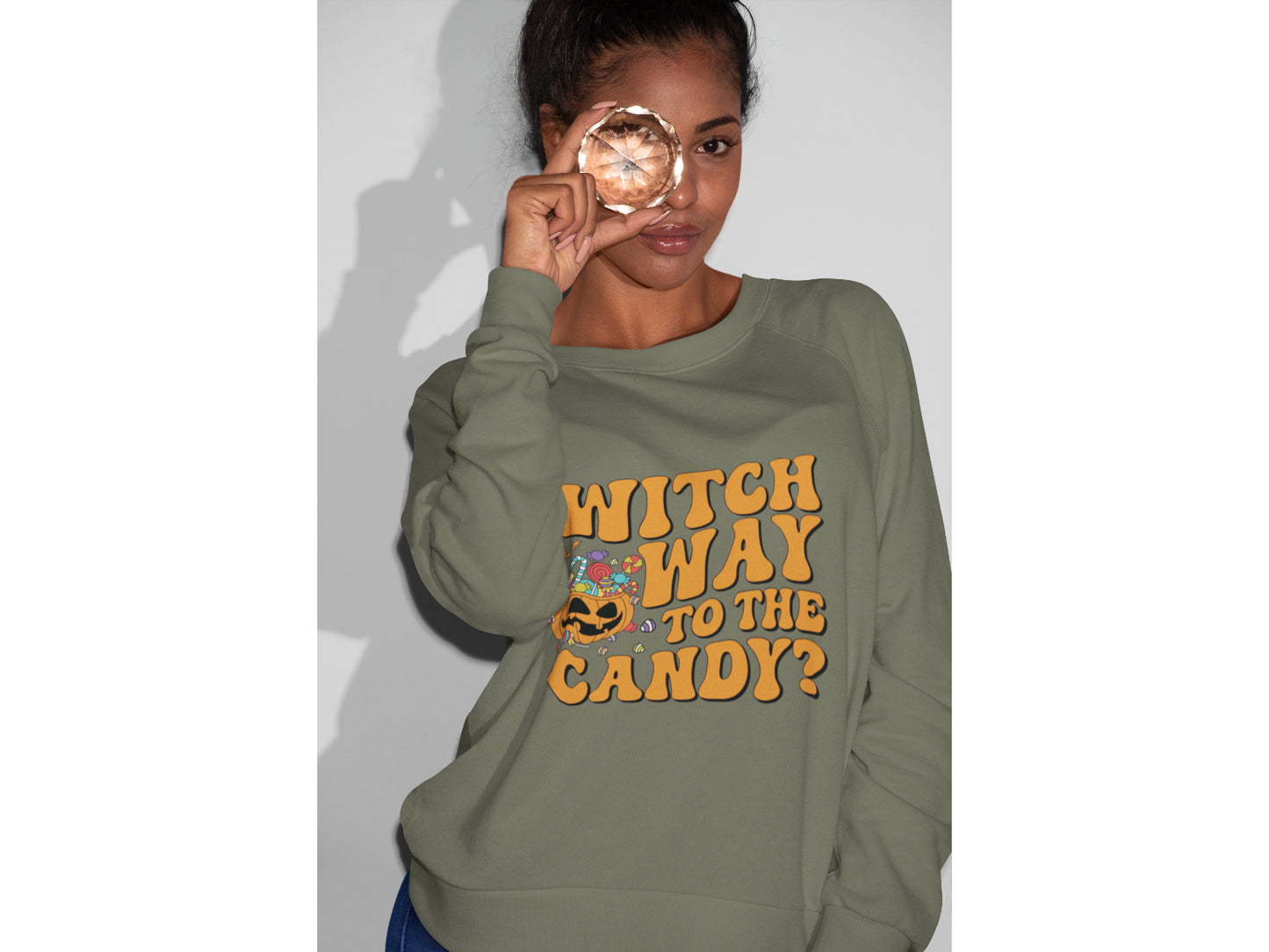 Witch Way to the Candy Halloween Sweatshirt – Bella+Canvas 3501 Unisex Pullover – Spooky Funny Fall Sweater (S–3XL, Multiple Colors)