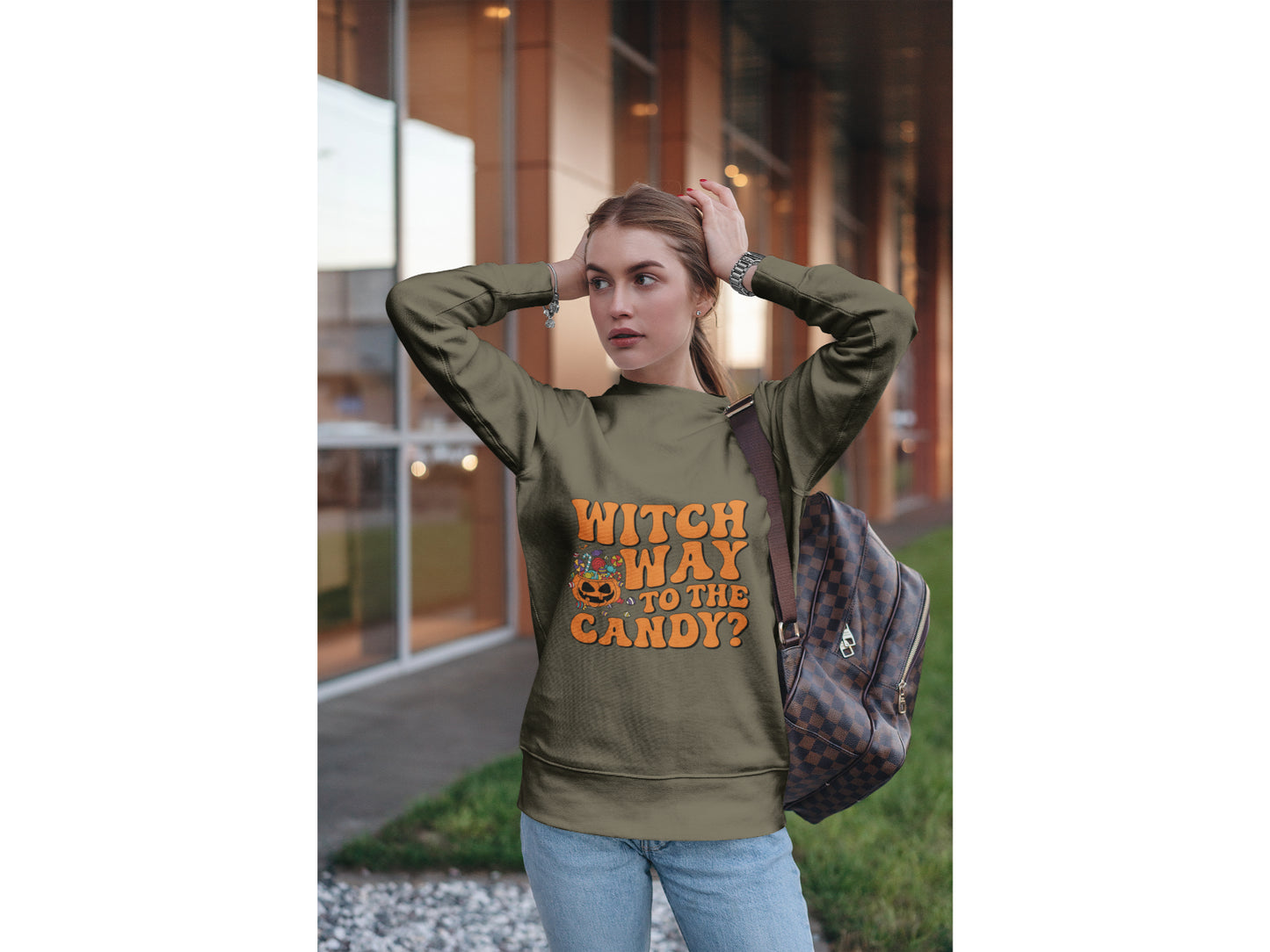 Witch Way to the Candy Halloween Sweatshirt – Bella+Canvas 3501 Unisex Pullover – Spooky Funny Fall Sweater (S–3XL, Multiple Colors)