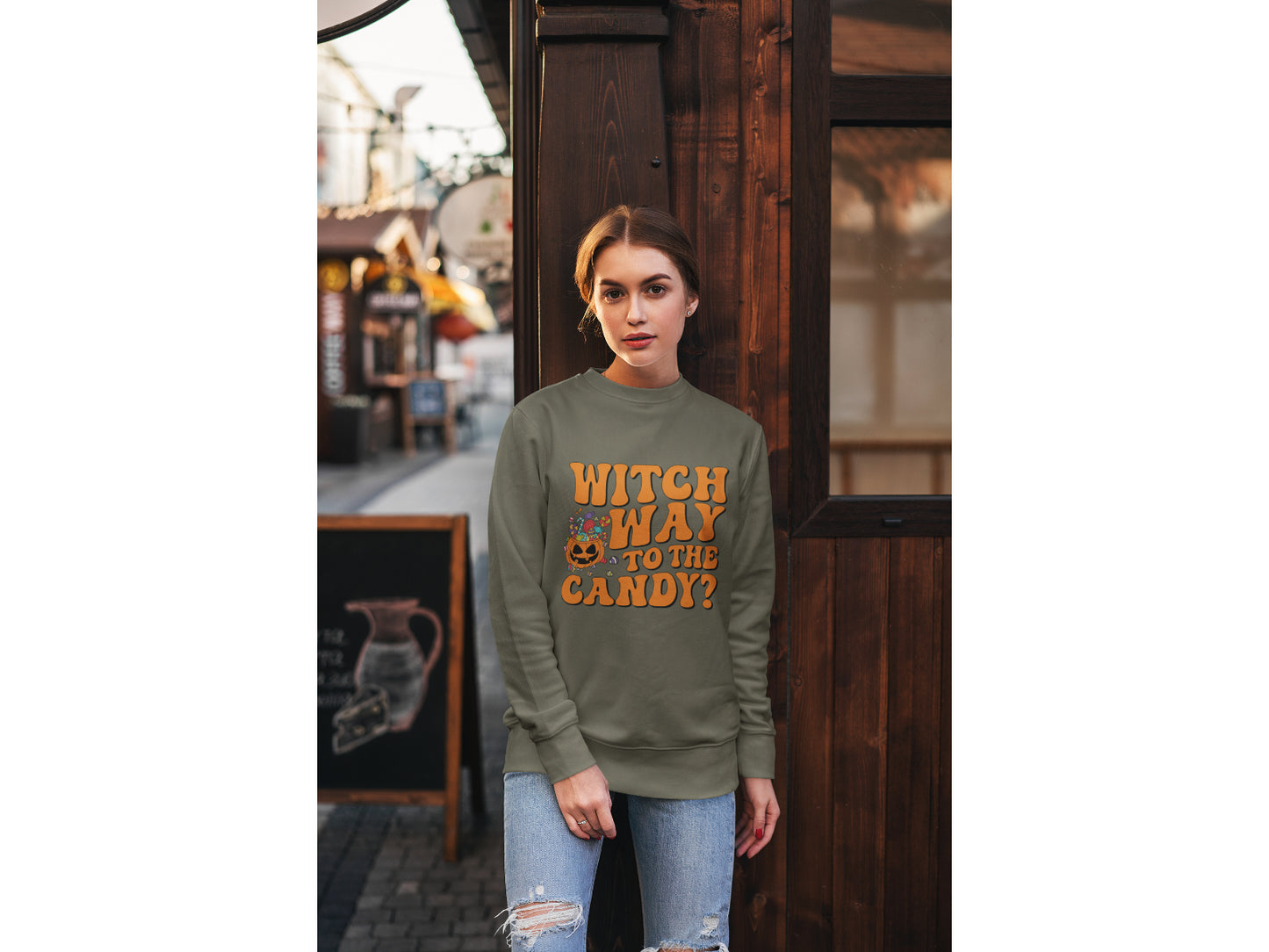 Witch Way to the Candy Halloween Sweatshirt – Bella+Canvas 3501 Unisex Pullover – Spooky Funny Fall Sweater (S–3XL, Multiple Colors)