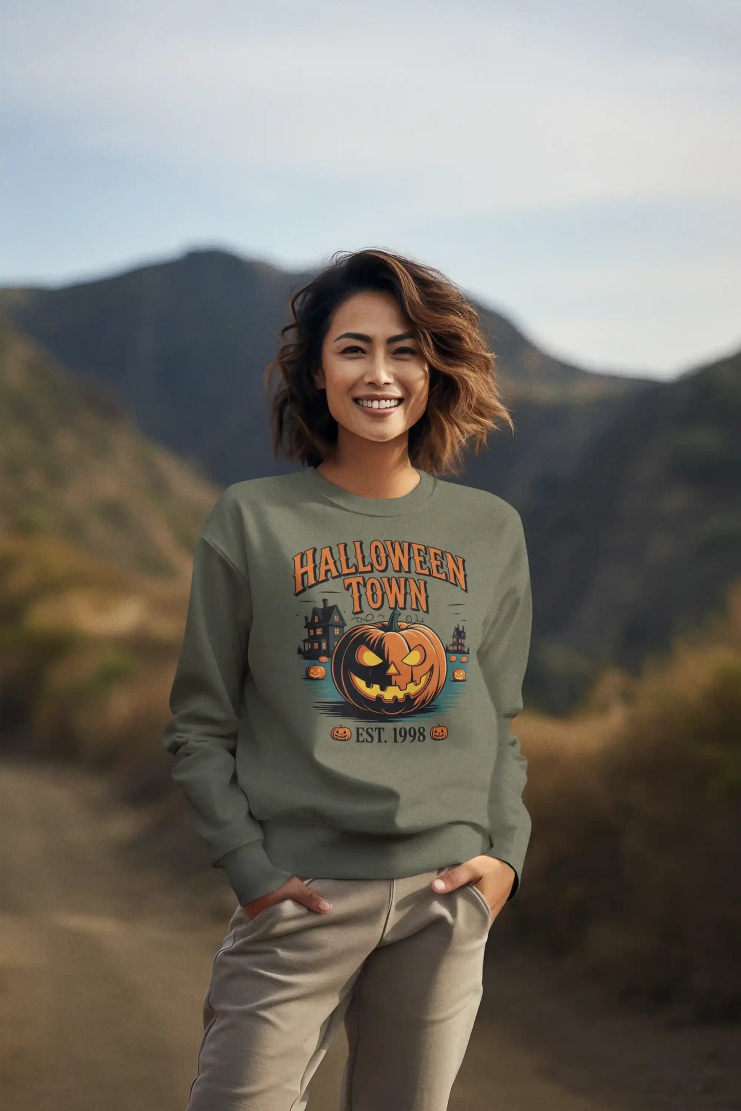 Halloween Town Sweatshirt – Vintage Pumpkin Graphic – Bella Canvas 3501 – Halloween Crewneck – Spooky Season Shirt – Unisex S-3XL
