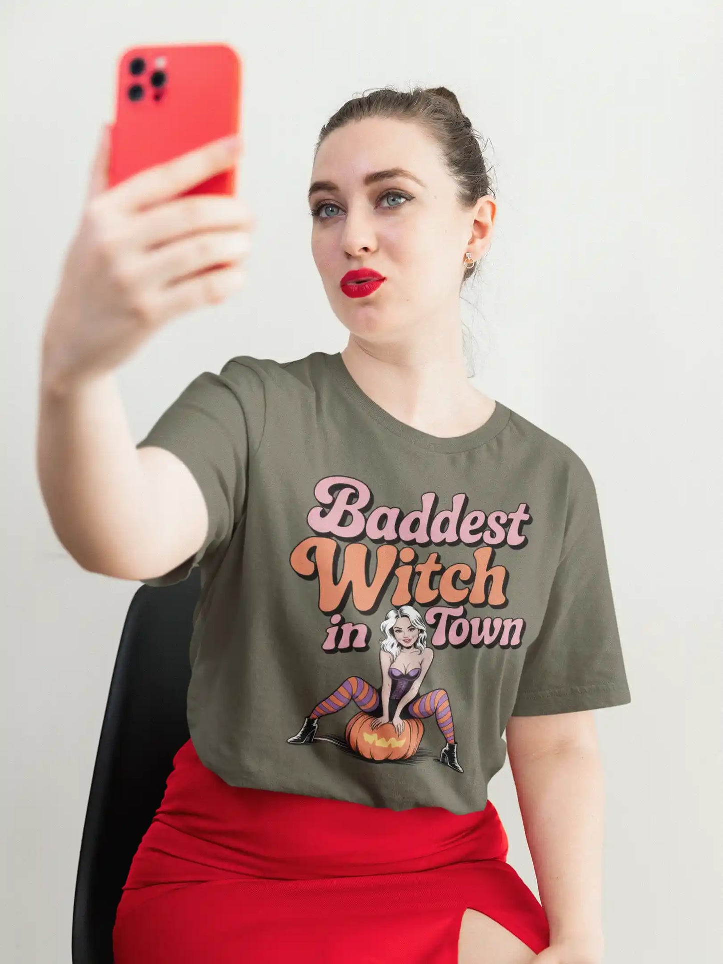 Baddest Witch in Town Retro Halloween Bella+Canvas 3001 T-Shirt – Spooky Cute Fall Tee