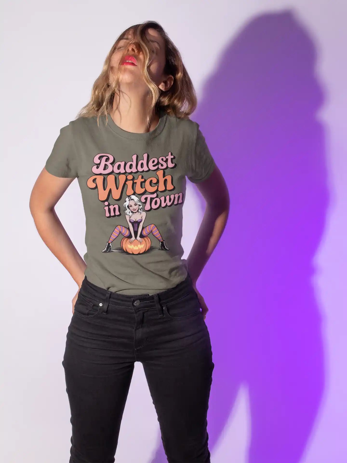 Baddest Witch in Town Retro Halloween Bella+Canvas 3001 T-Shirt – Spooky Cute Fall Tee