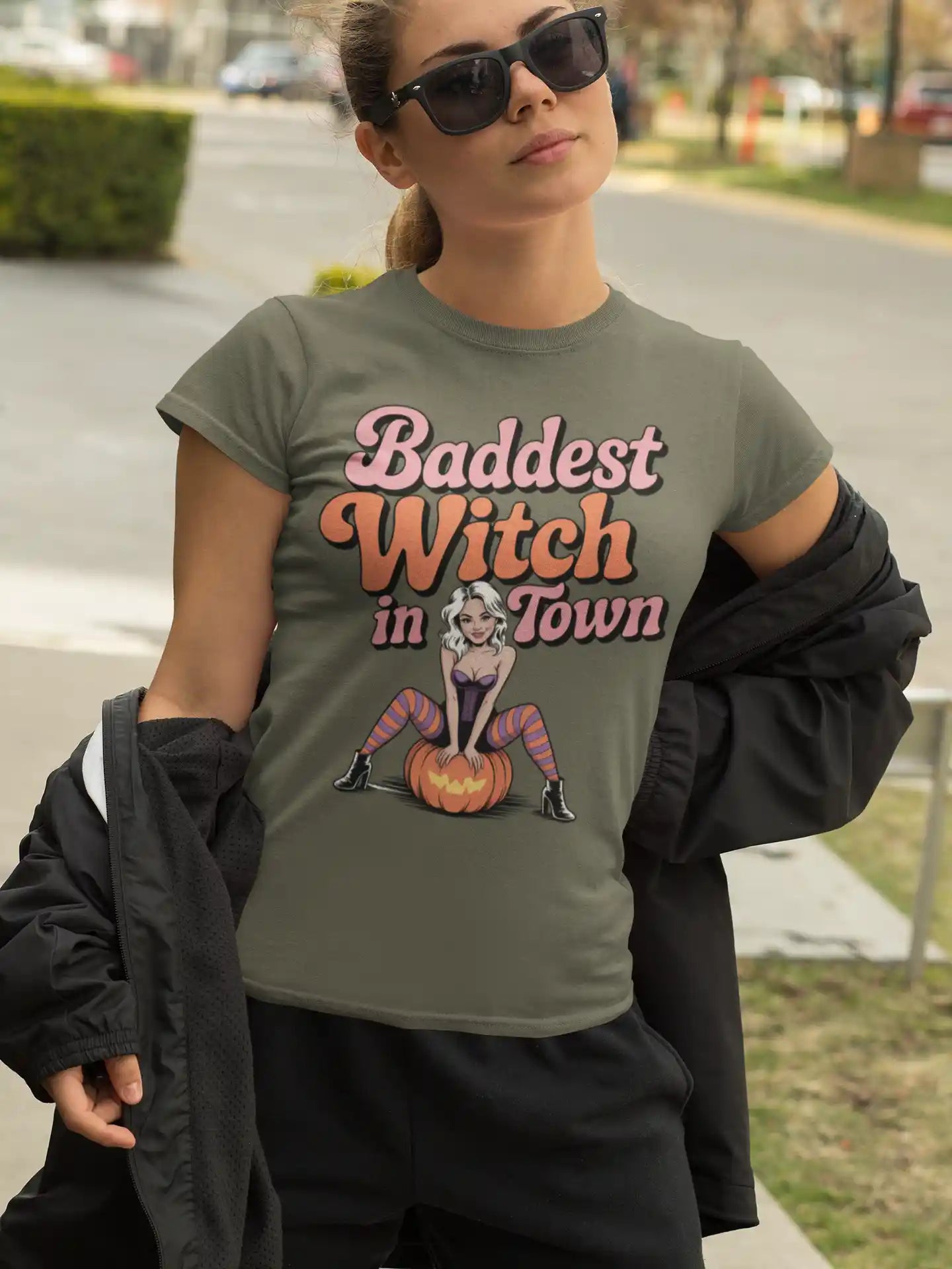 Baddest Witch in Town Retro Halloween Bella+Canvas 3001 T-Shirt – Spooky Cute Fall Tee