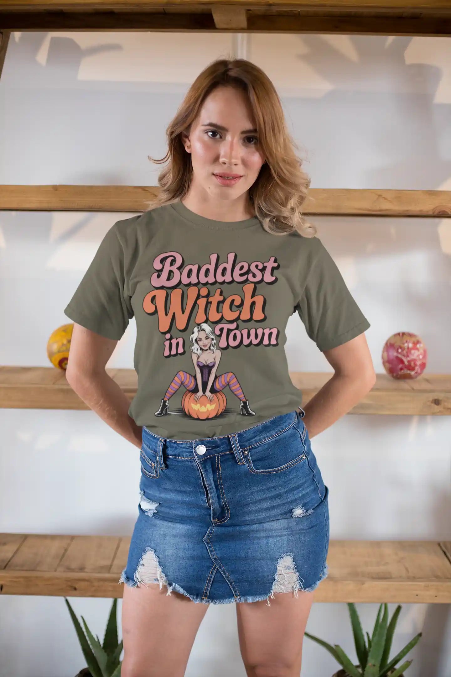 Baddest Witch in Town Retro Halloween Bella+Canvas 3001 T-Shirt – Spooky Cute Fall Tee