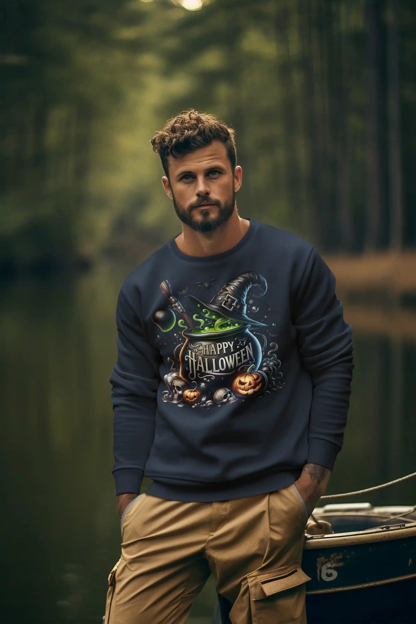 A man wears a navy sweatshirt with a "Happy Halloween" witch's cauldron design.