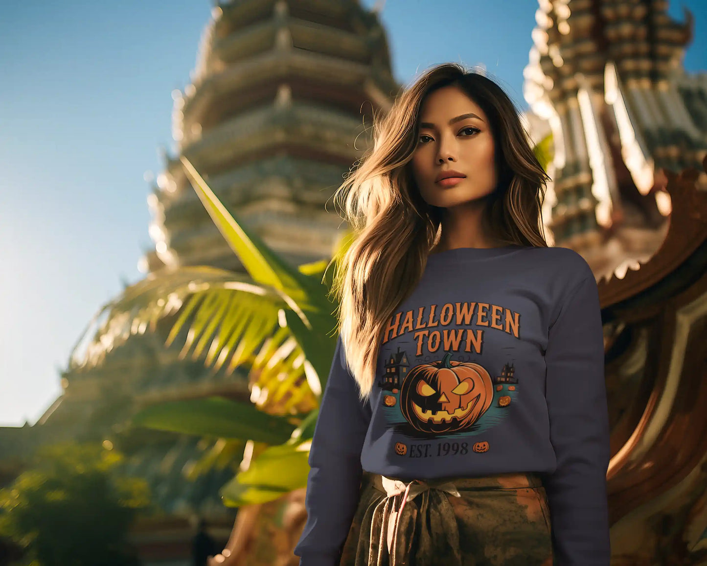 A woman wears a navy Halloween Town sweatshirt with a vintage pumpkin graphic.