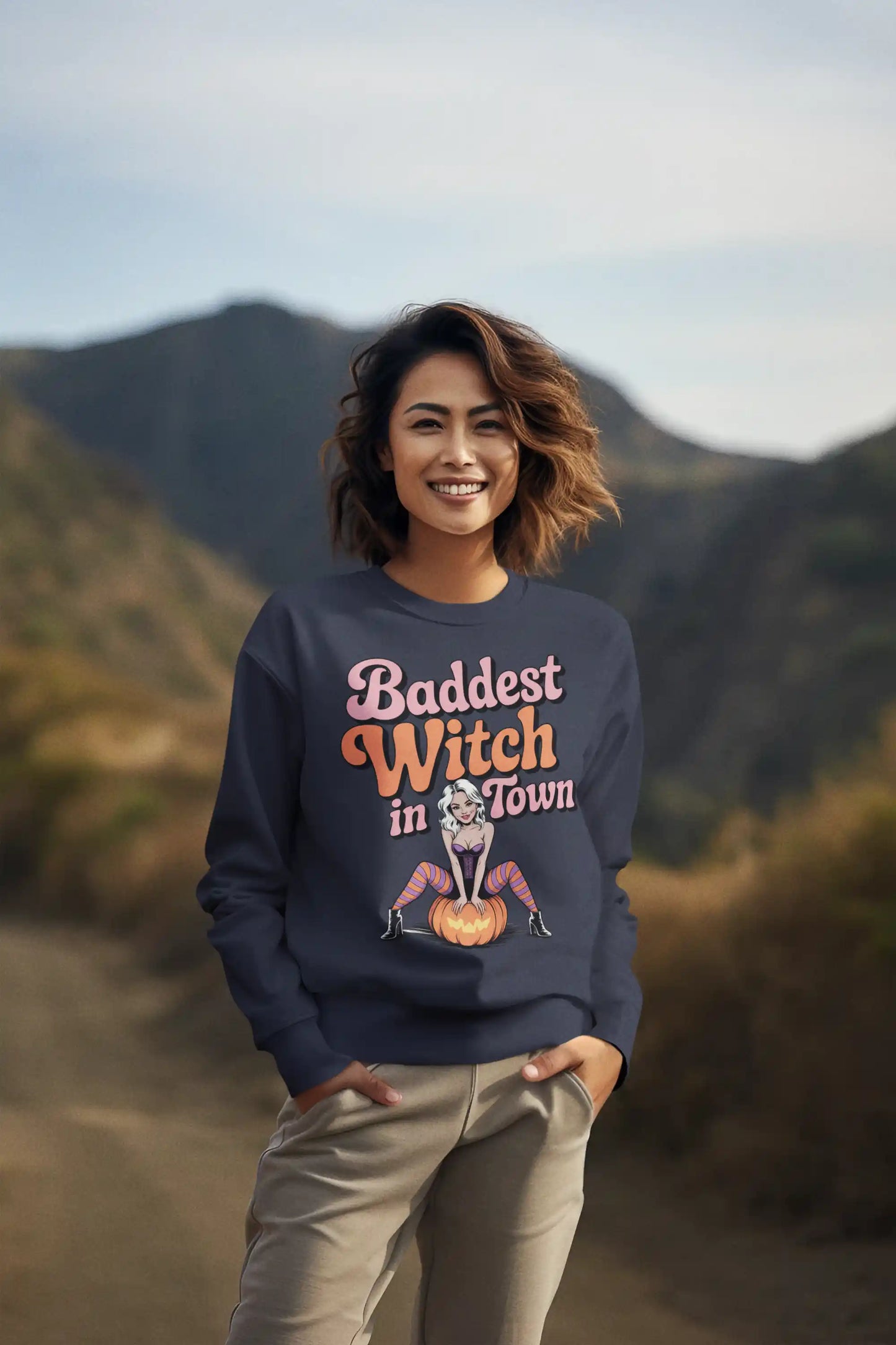 Baddest Witch in Town Retro Halloween Bella+Canvas 3501 Sweatshirt – Spooky Cute Fall Outfit
