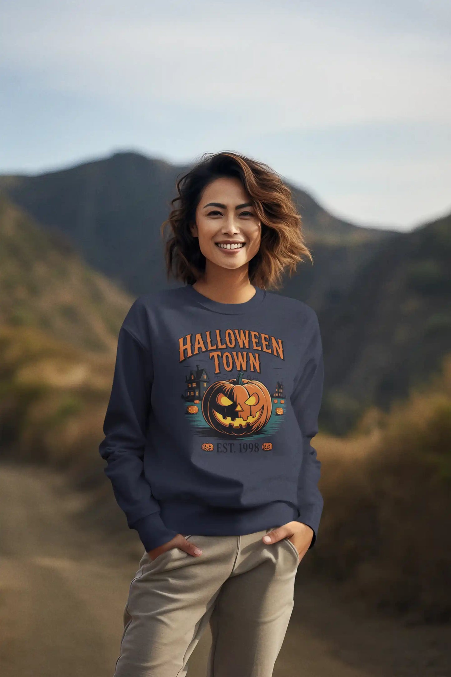 Halloween Town Sweatshirt – Vintage Pumpkin Graphic – Bella Canvas 3501 – Halloween Crewneck – Spooky Season Shirt – Unisex S-3XL