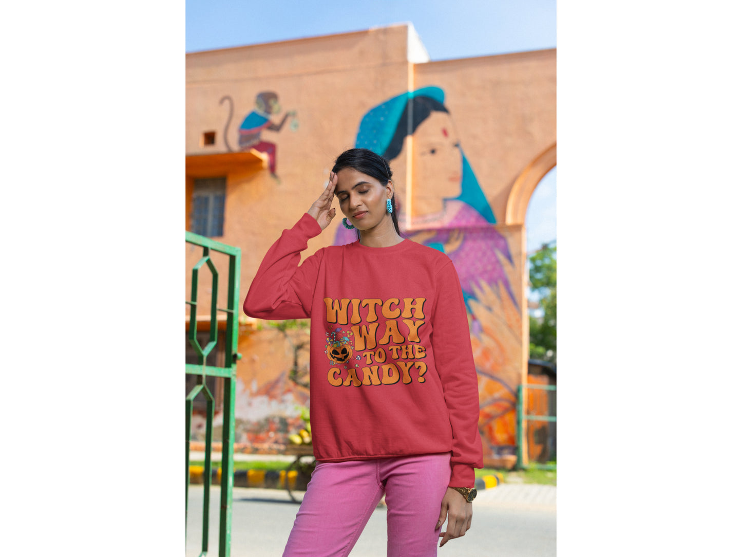 Witch Way to the Candy Halloween Sweatshirt – Bella+Canvas 3501 Unisex Pullover – Spooky Funny Fall Sweater (S–3XL, Multiple Colors)