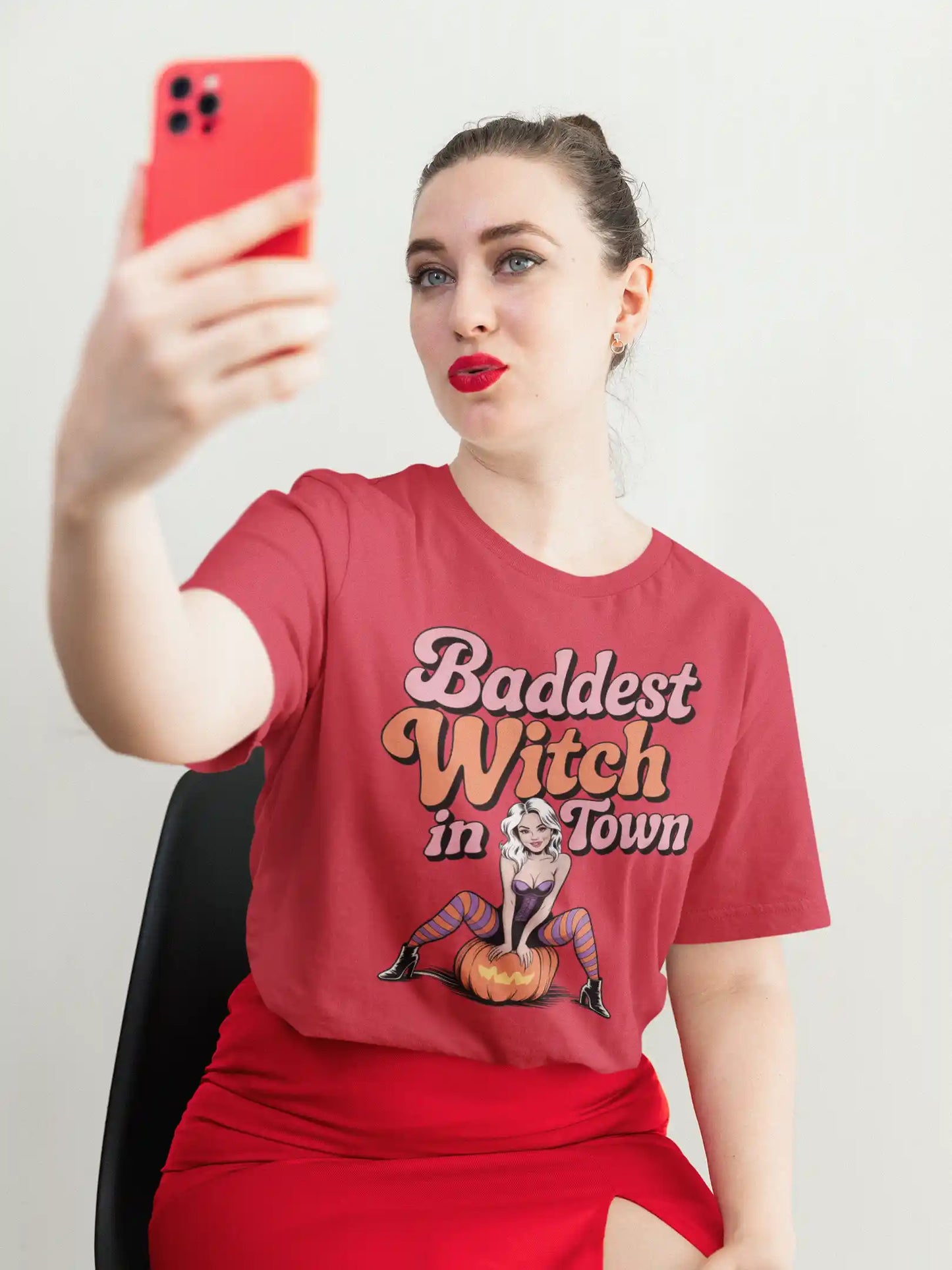 Baddest Witch in Town Retro Halloween Bella+Canvas 3001 T-Shirt – Spooky Cute Fall Tee