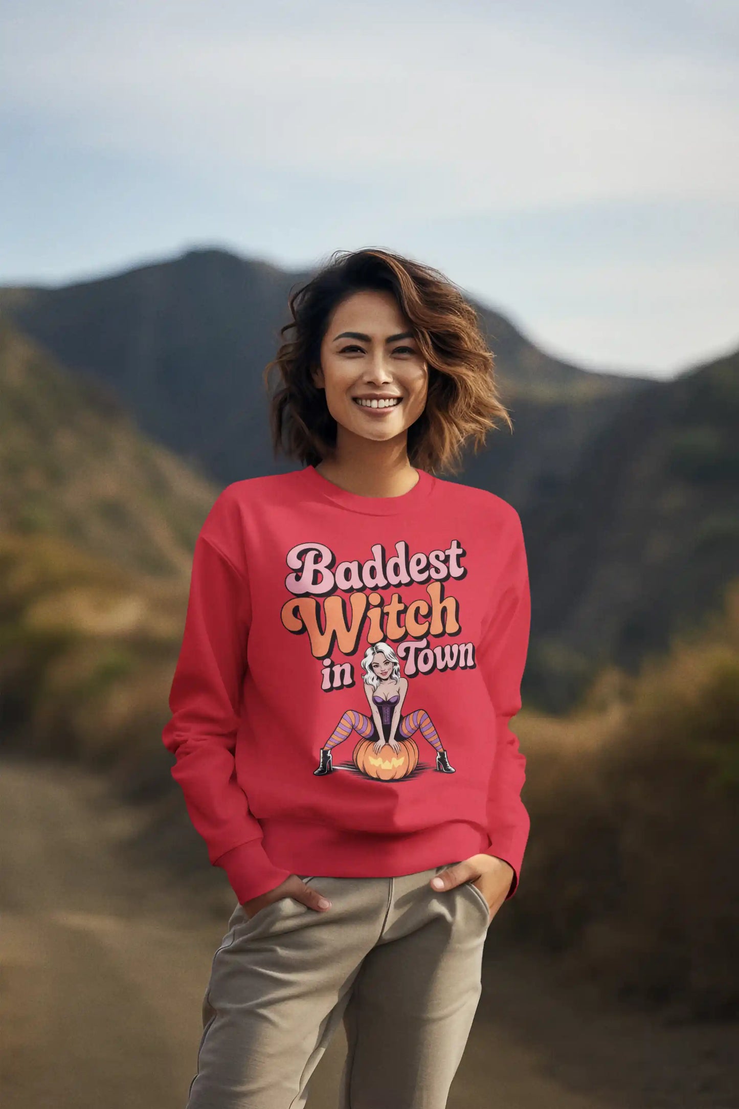 Baddest Witch in Town Retro Halloween Bella+Canvas 3501 Sweatshirt – Spooky Cute Fall Outfit