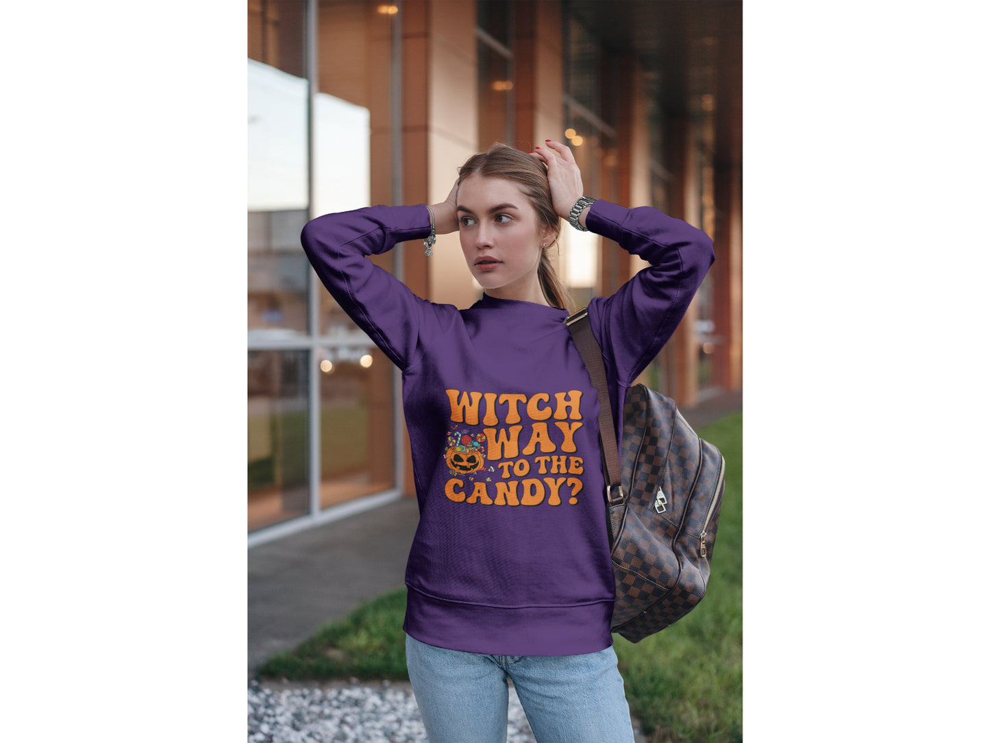 Witch Way to the Candy Halloween Sweatshirt – Bella+Canvas 3501 Unisex Pullover – Spooky Funny Fall Sweater (S–3XL, Multiple Colors)