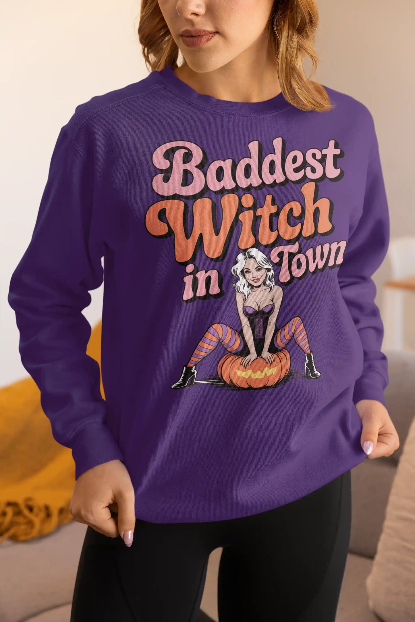 Baddest Witch in Town Retro Halloween Bella+Canvas 3501 Sweatshirt – Spooky Cute Fall Outfit