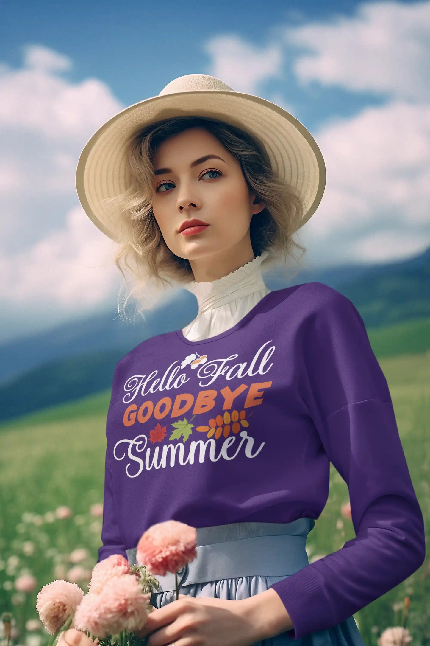 A woman in a purple "Hello Fall Goodbye Summer" sweatshirt holds pink flowers.