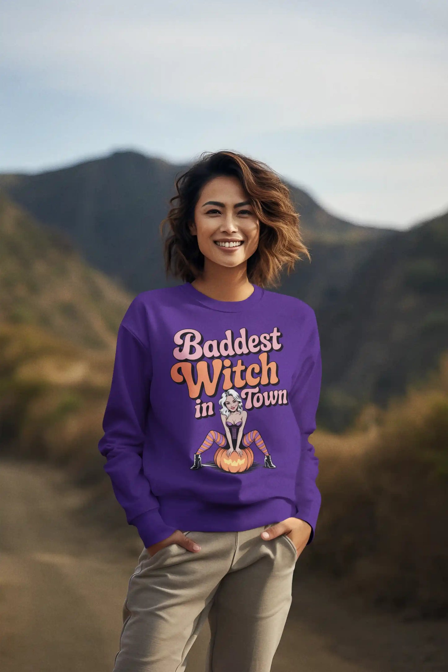 Baddest Witch in Town Retro Halloween Bella+Canvas 3501 Sweatshirt – Spooky Cute Fall Outfit