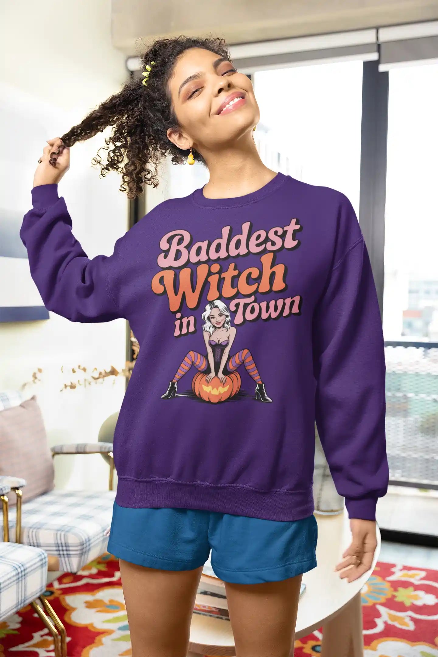 Baddest Witch in Town Retro Halloween Bella+Canvas 3501 Sweatshirt – Spooky Cute Fall Outfit