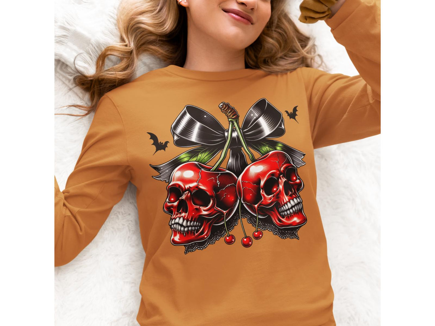 Spooky Cherry Halloween Bow Sweatshirt – Cute & Creepy Fall Vibes