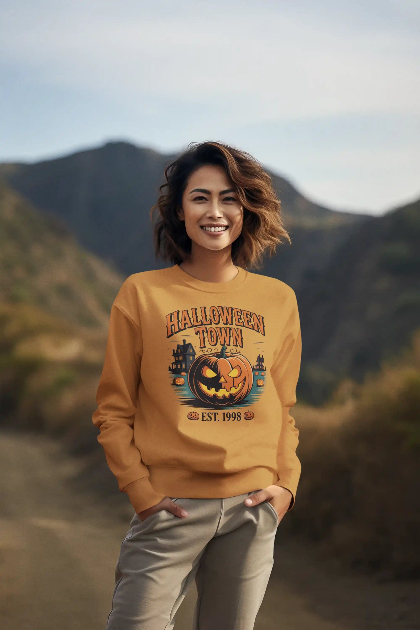 Halloween Town Sweatshirt – Vintage Pumpkin Graphic – Bella Canvas 3501 – Halloween Crewneck – Spooky Season Shirt – Unisex S-3XL