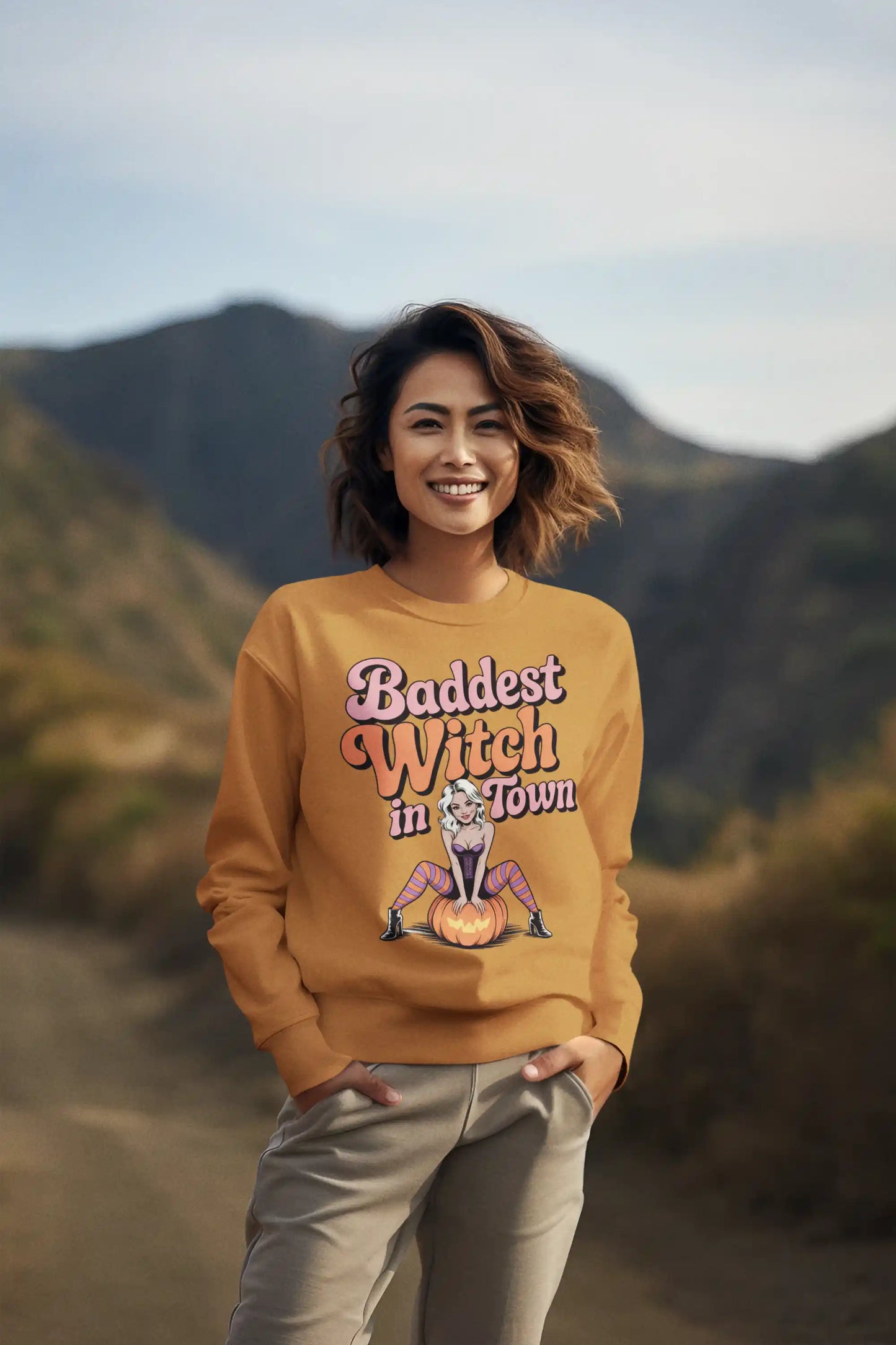 Baddest Witch in Town Retro Halloween Bella+Canvas 3501 Sweatshirt – Spooky Cute Fall Outfit