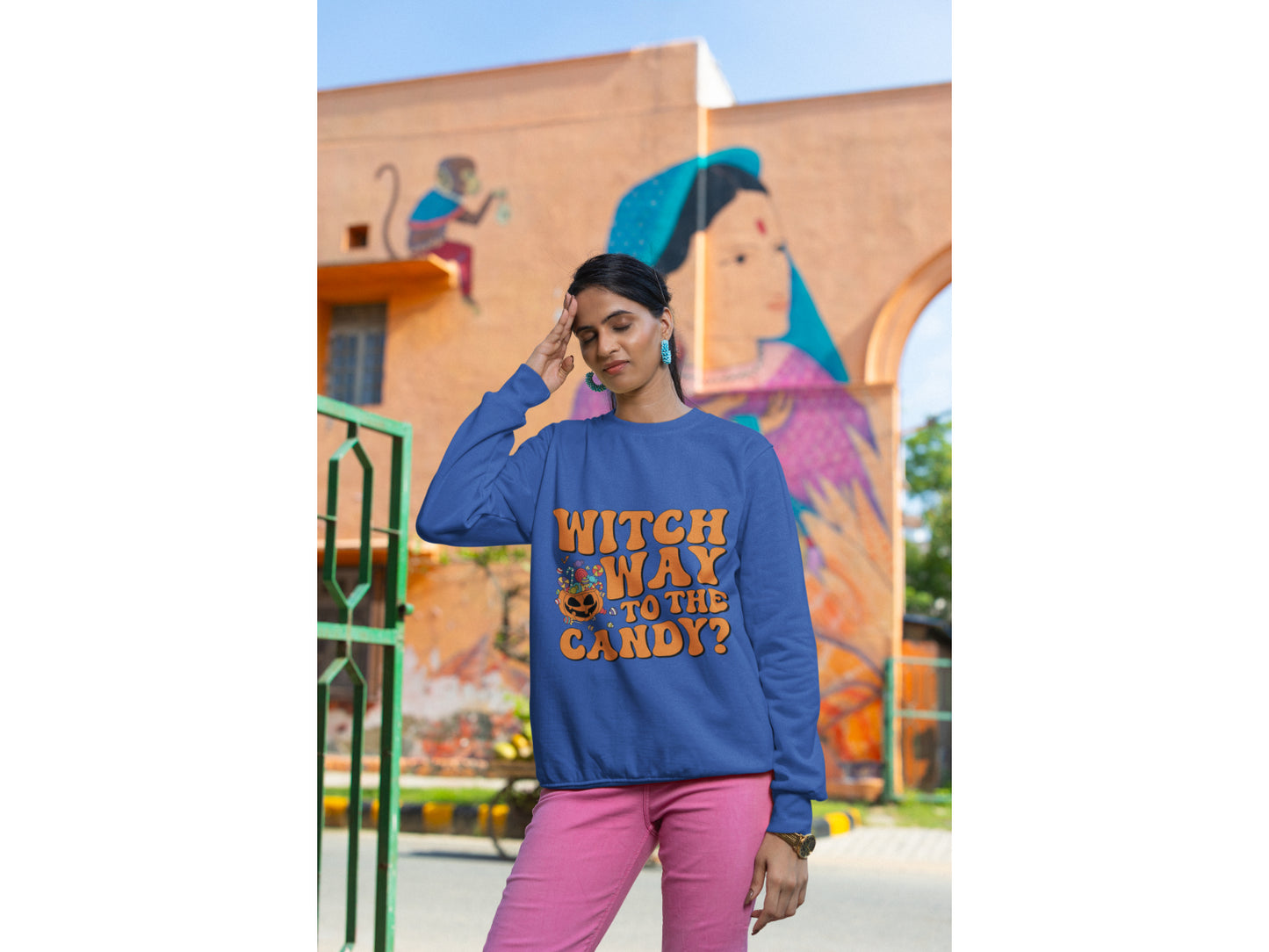 Witch Way to the Candy Halloween Sweatshirt – Bella+Canvas 3501 Unisex Pullover – Spooky Funny Fall Sweater (S–3XL, Multiple Colors)