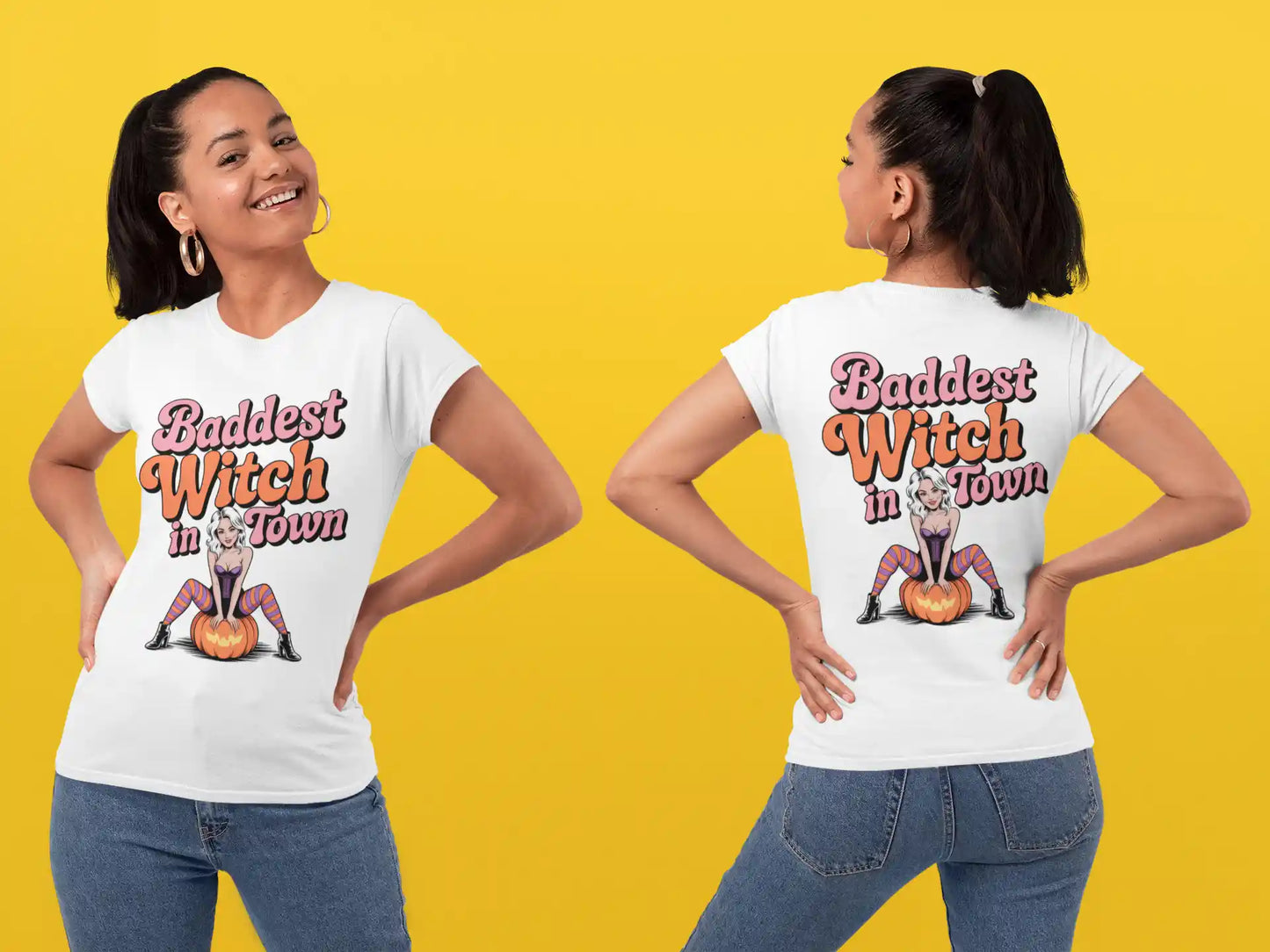 Baddest Witch in Town Retro Halloween Bella+Canvas 3001 T-Shirt – Spooky Cute Fall Tee