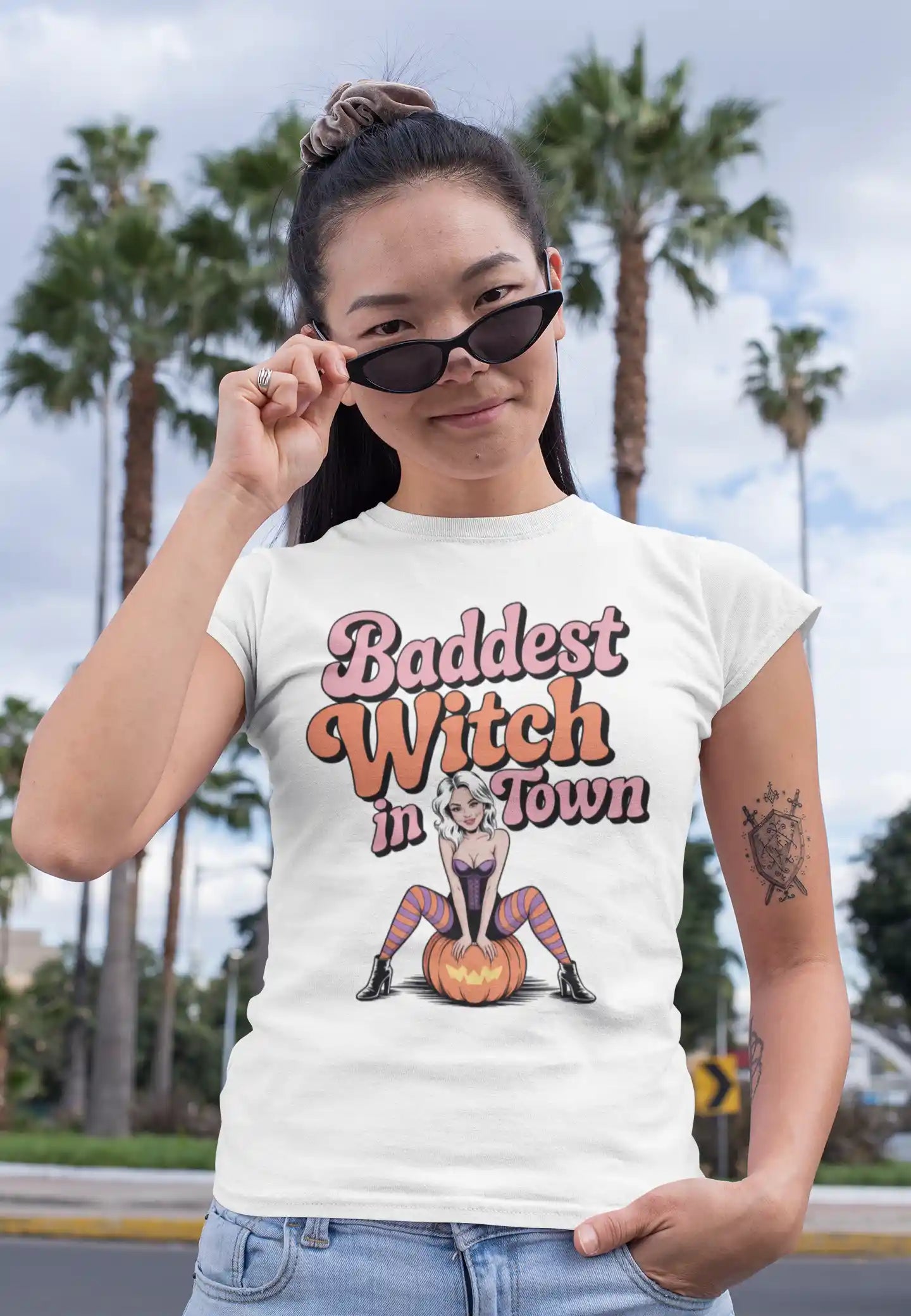 Baddest Witch in Town Retro Halloween Bella+Canvas 3001 T-Shirt – Spooky Cute Fall Tee