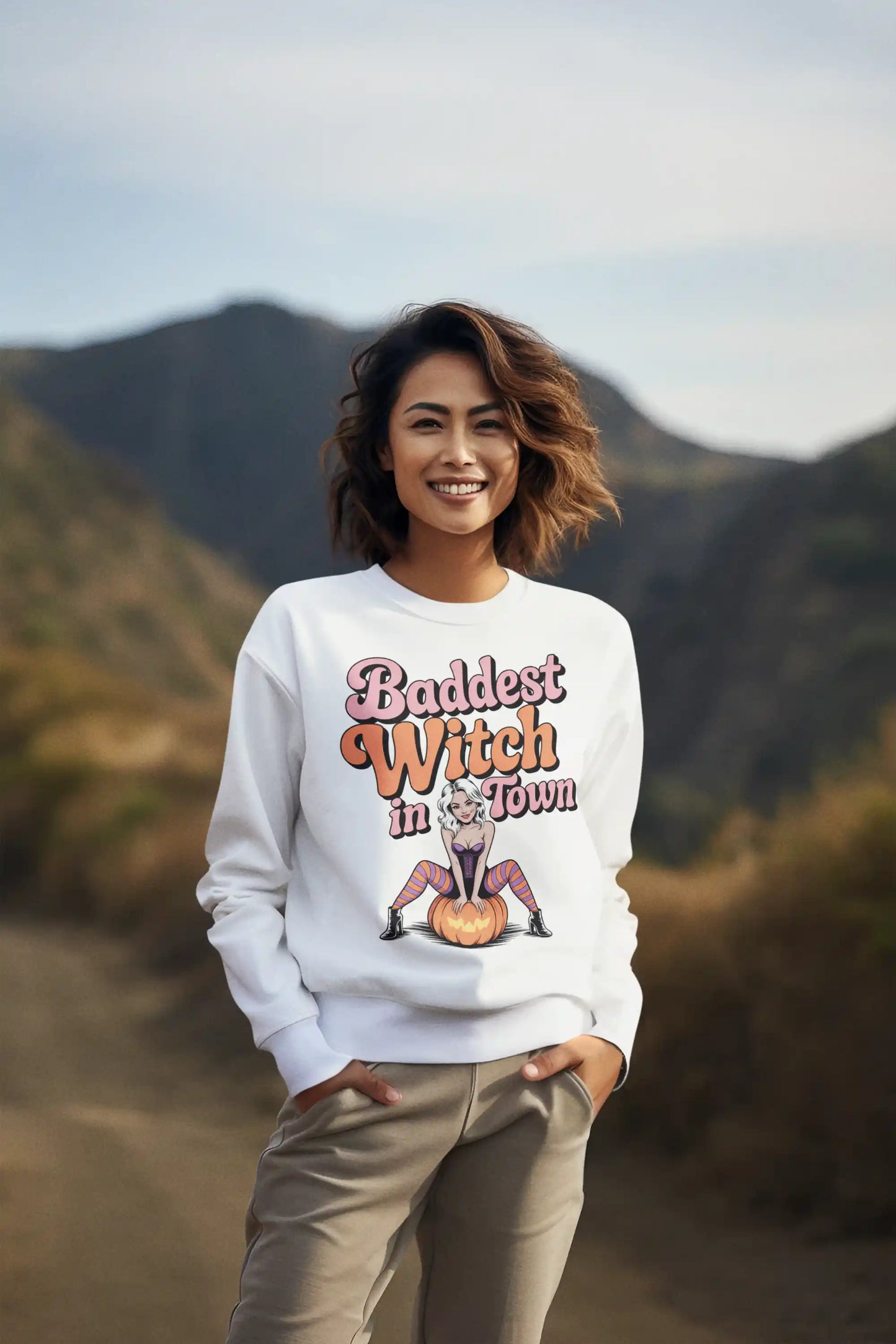 Baddest Witch in Town Retro Halloween Bella+Canvas 3501 Sweatshirt – Spooky Cute Fall Outfit