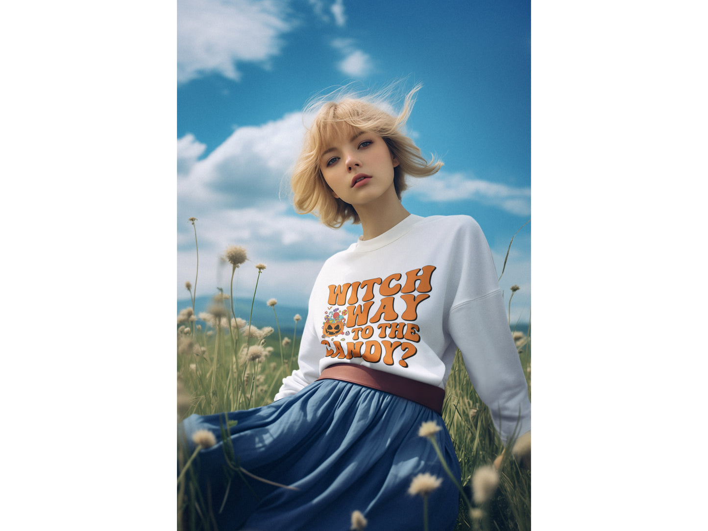 Witch Way to the Candy Halloween Sweatshirt – Bella+Canvas 3501 Unisex Pullover – Spooky Funny Fall Sweater (S–3XL, Multiple Colors)