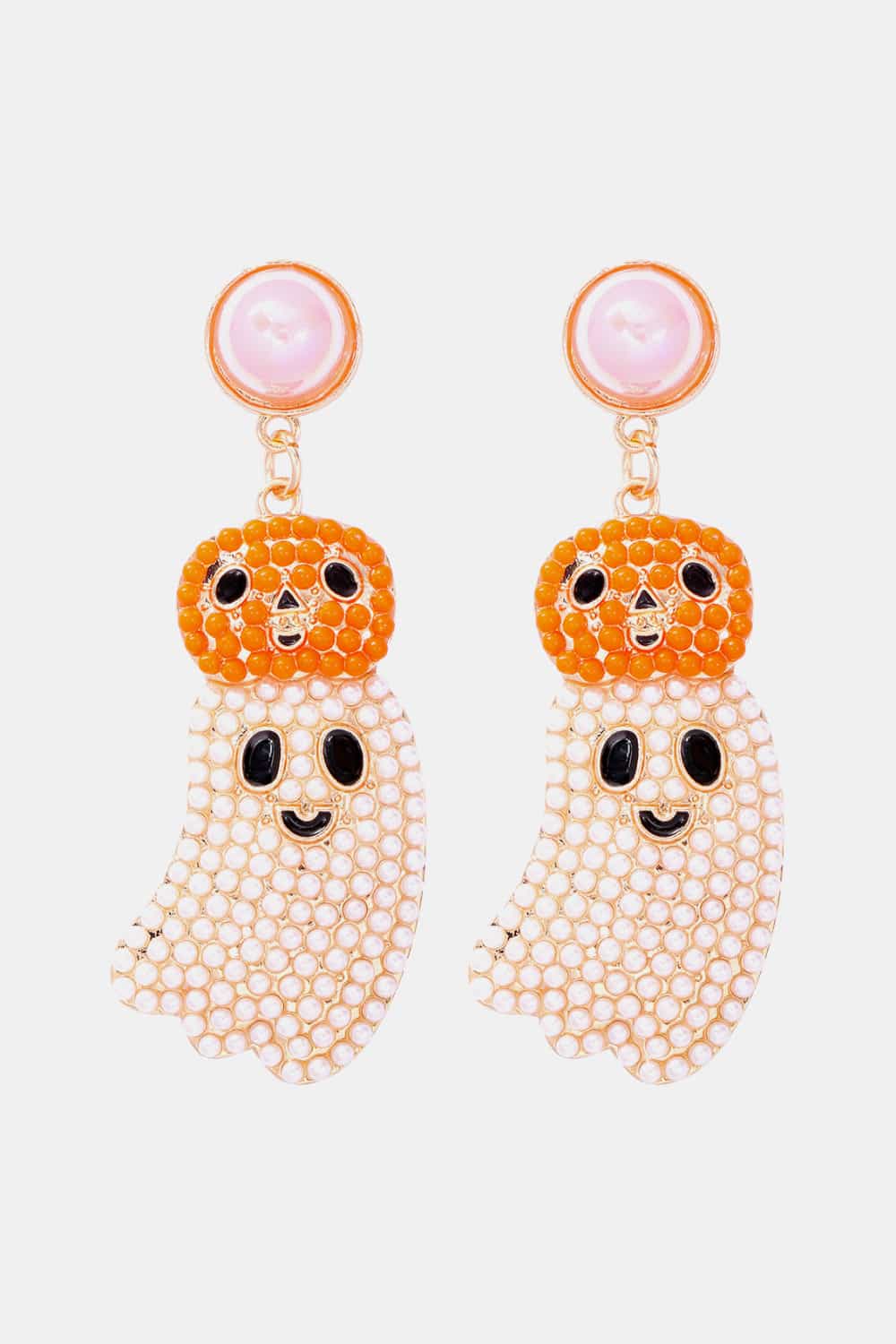 Halloween ghost shape dangle earrings with orange pumpkin heads and pearl bodies.