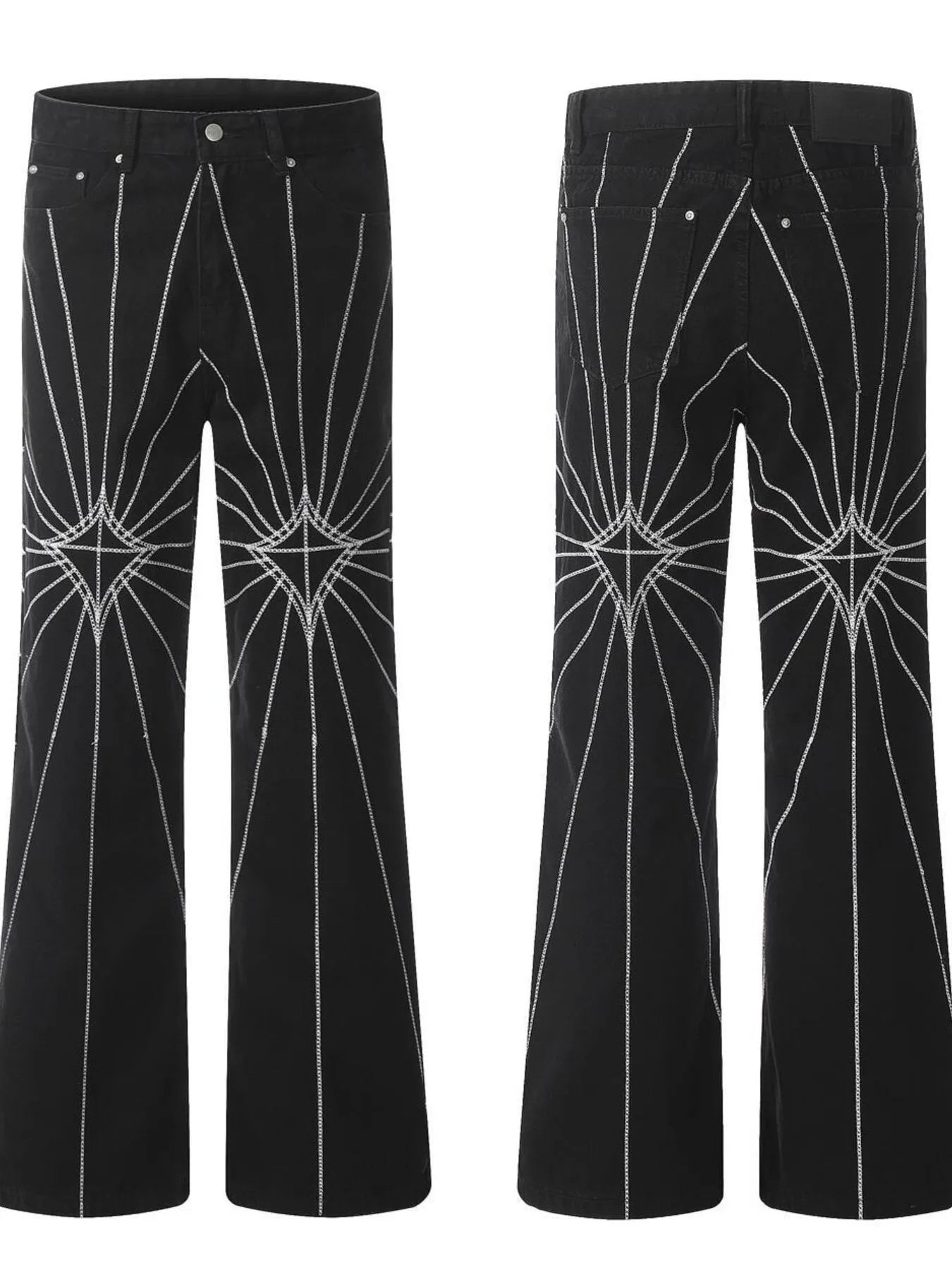 Men's black flared jeans with white spider web embroidery.