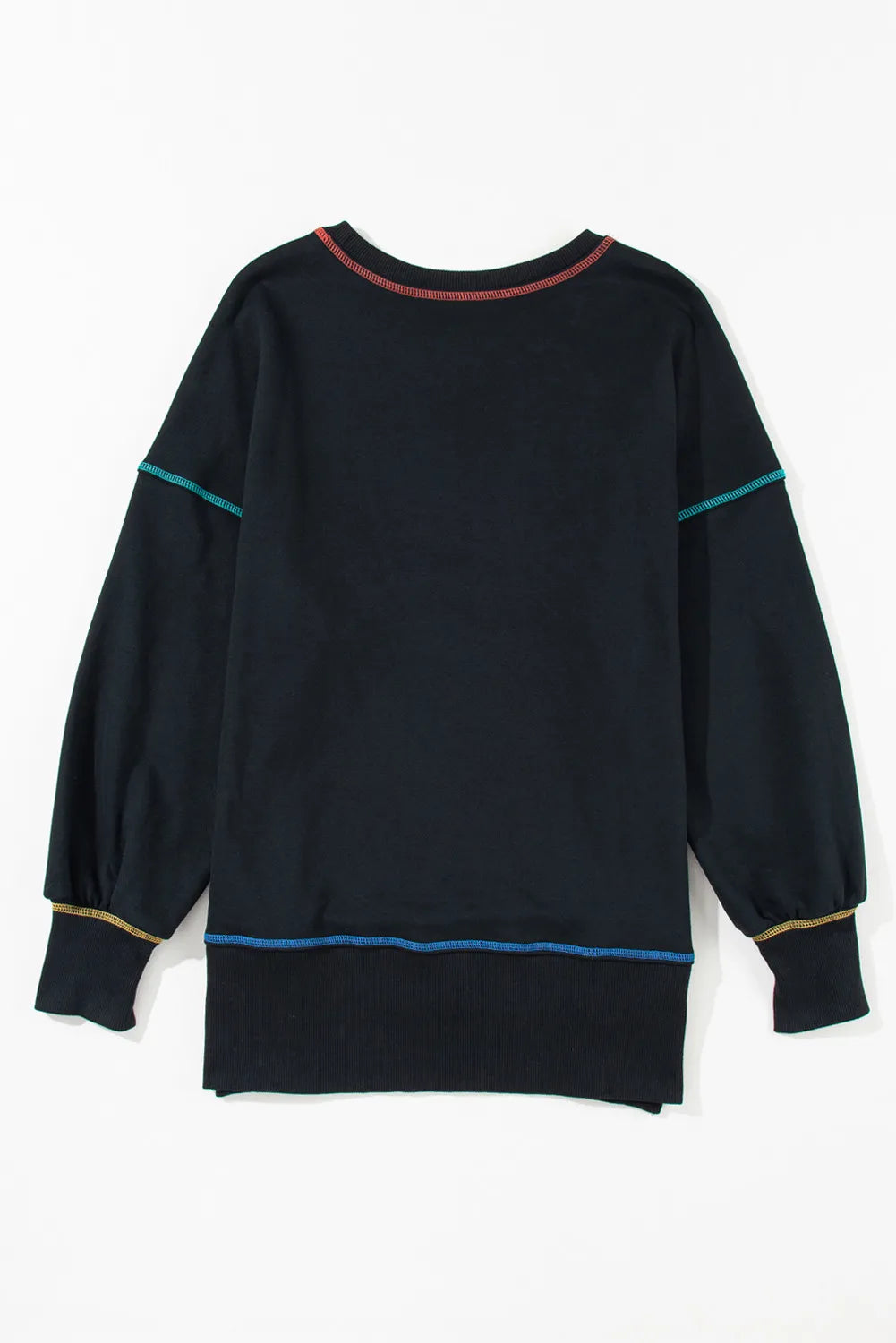 Black long-sleeve sweatshirt with colorful stitching on the seams.