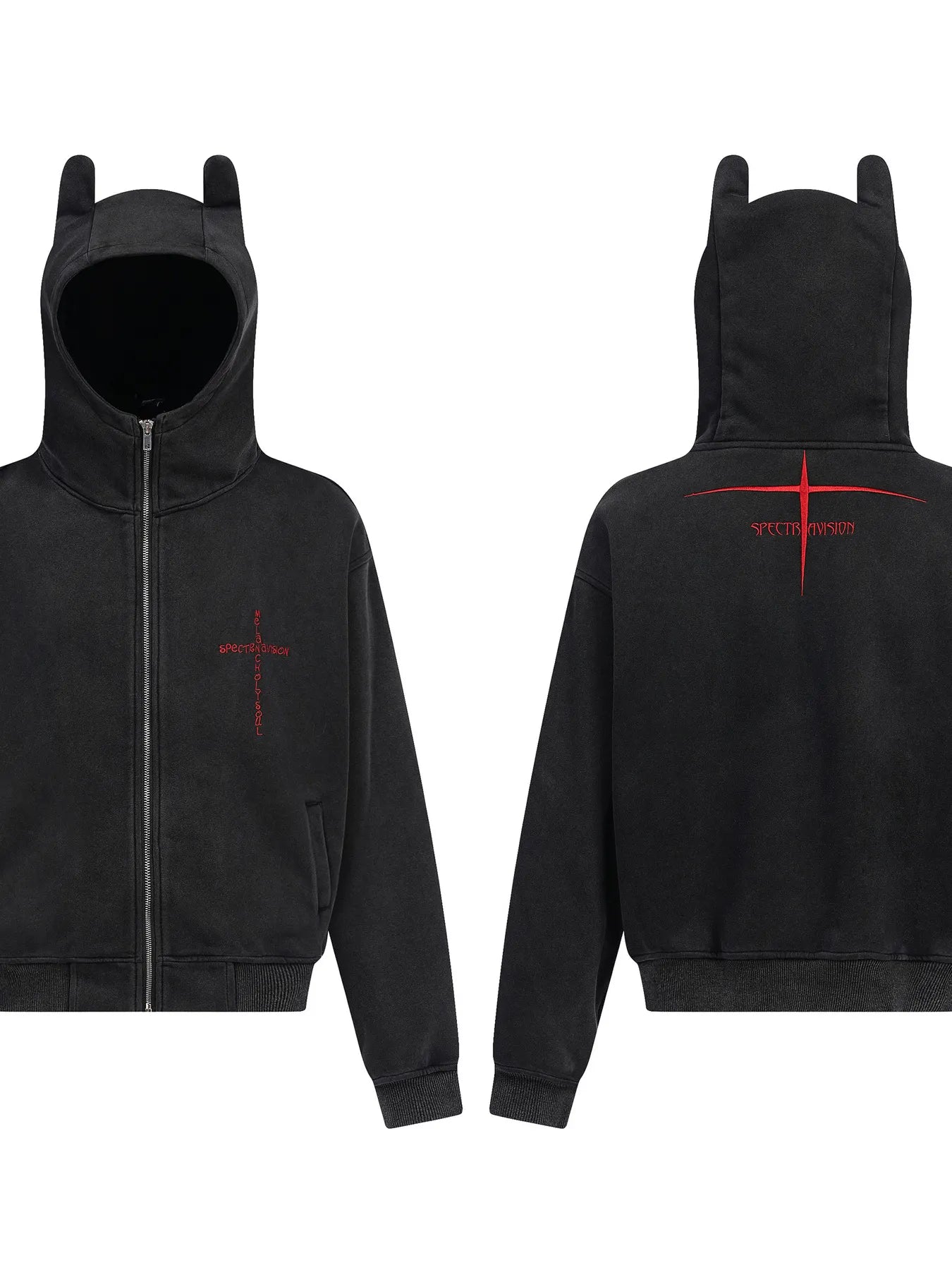 Black men's zip-up hoodie with devil horns on the hood and red text on the front and back.