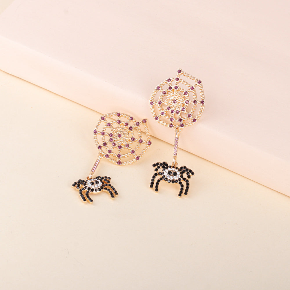 Spiderweb and spider rhinestone alloy earrings.