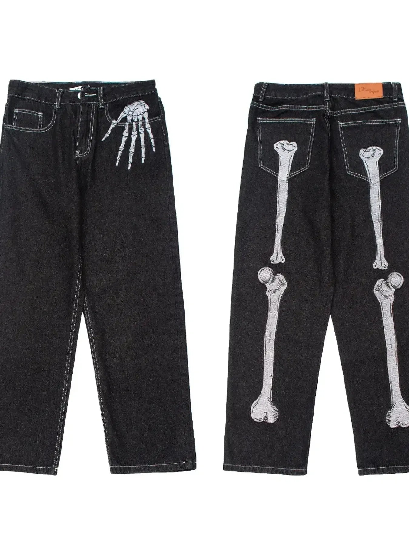 Men's black straight-leg jeans with skeleton hand embroidery on the front and leg bones on the back.