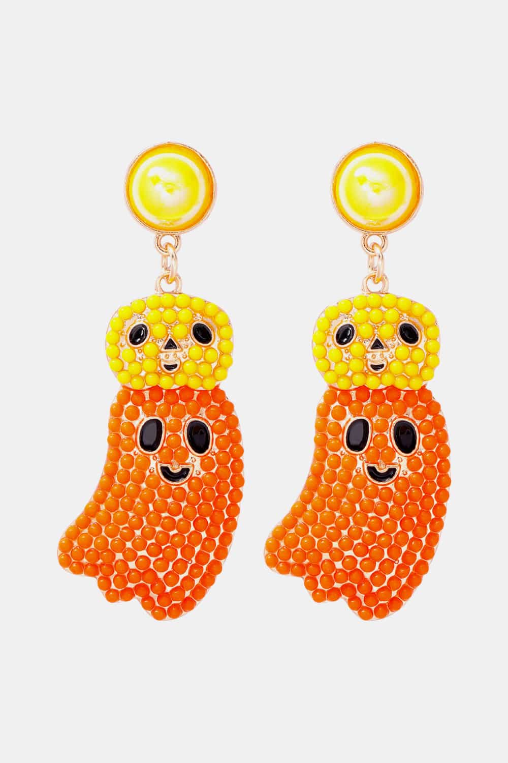 Halloween ghost shape dangle earrings with yellow and orange beads.