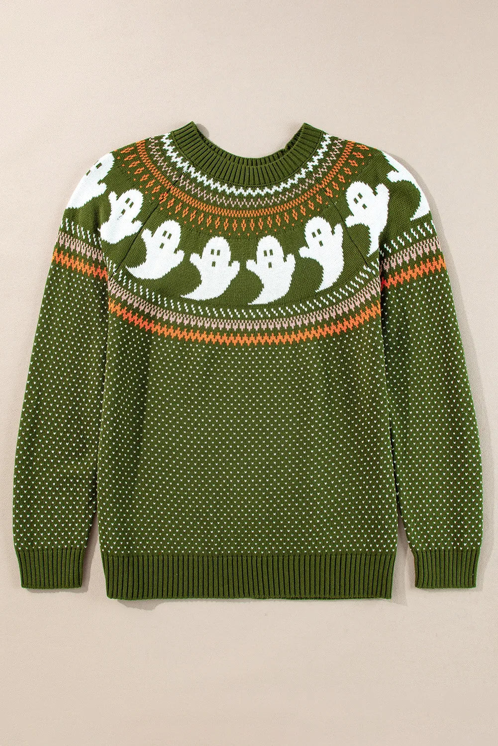 Green long-sleeve sweater with white ghost pattern and orange accents.