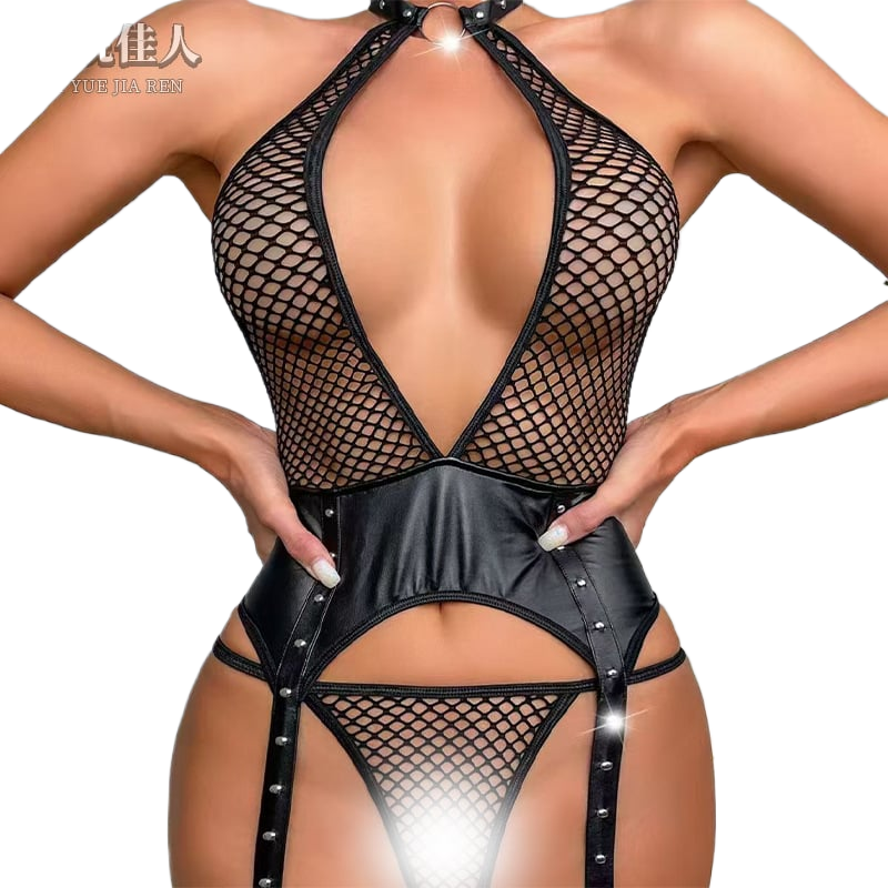 Erotic underwear, fishing net, hollowed-out, seductive patchwork leather one-piece suit