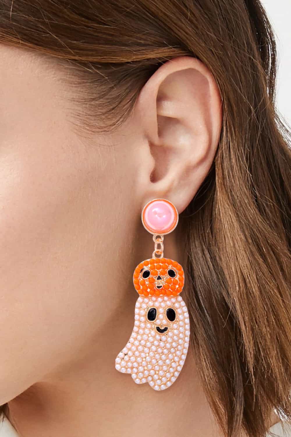 Halloween ghost shape dangle earrings with a pumpkin head and pearl-like body.