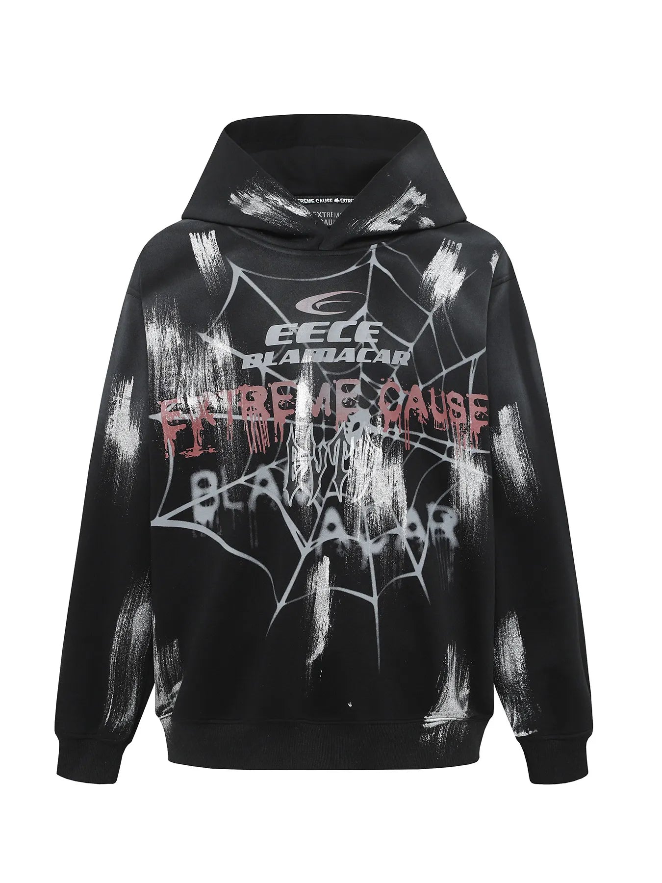 Men's black gothic hoodie with a spider web and graffiti print.