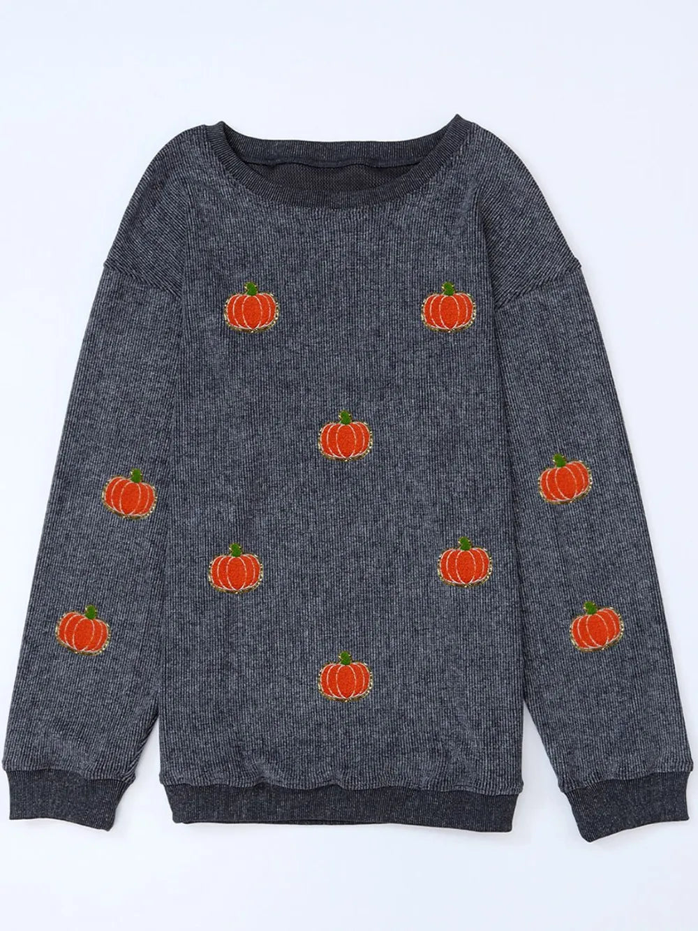 A gray long-sleeve sweatshirt with a round neck and multiple pumpkin appliques.