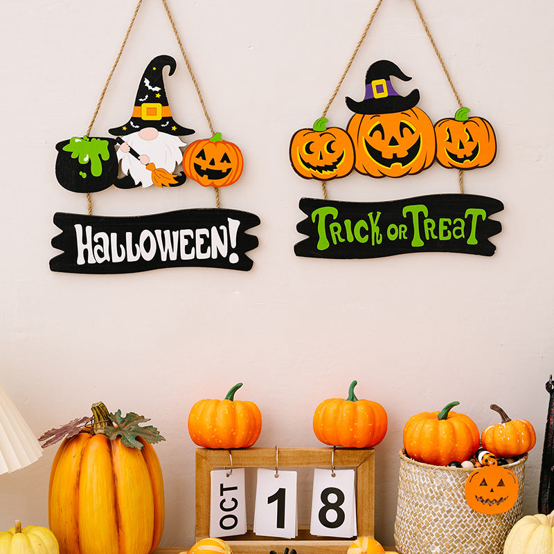 Two Halloween hanging signs, one with a gnome and "Halloween!", the other with pumpkins and "Trick or Treat".