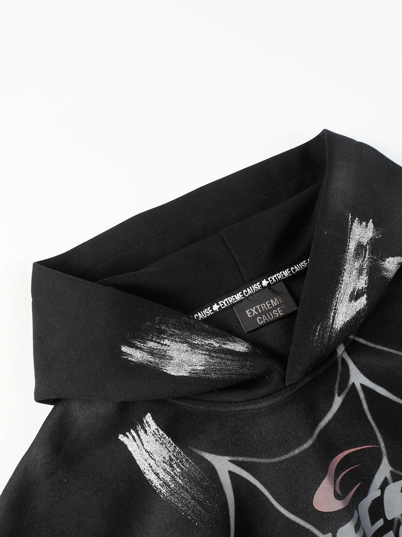 Men's black gothic spider web graffiti print hoodie with a brand tag.