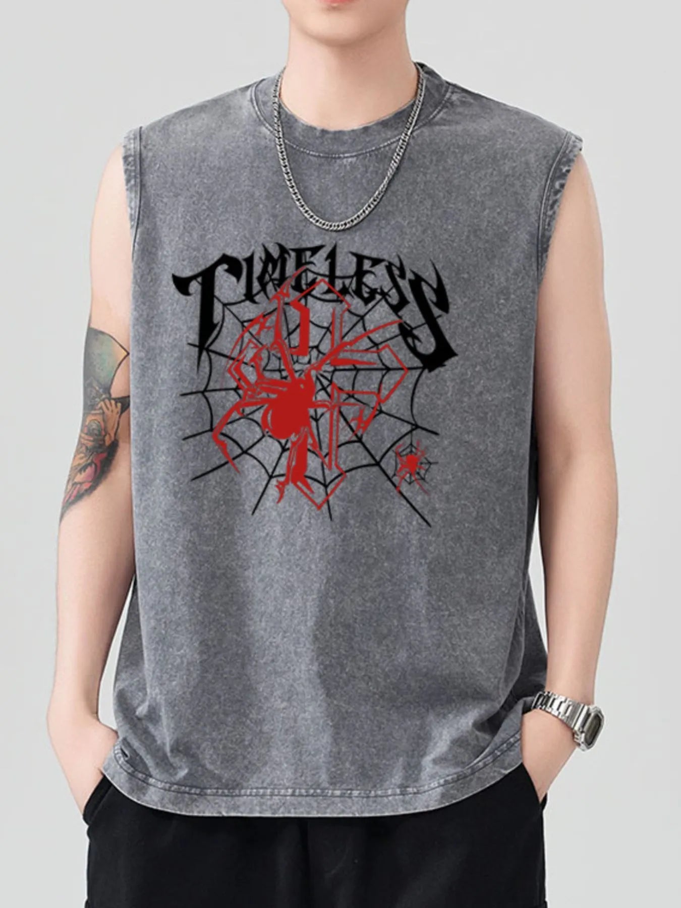 Men's gray spider graphic tank top with a round neck.