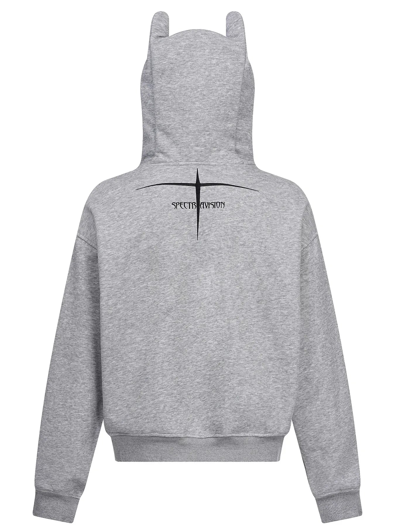 Men's gray devil horn zip-up hoodie with a graphic design on the back.