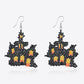 A pair of black, orange, and yellow beaded Halloween-themed earrings.