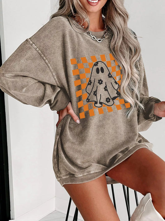 Halloween checkerboard floral ghost graphic corded sweatshirt.